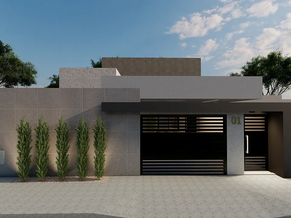 Fachada de casa térrea com portão de garagem e jardim vertical