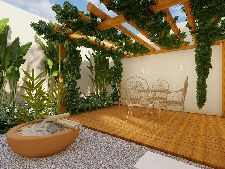 Jardim com pergolado, vegetação e fonte